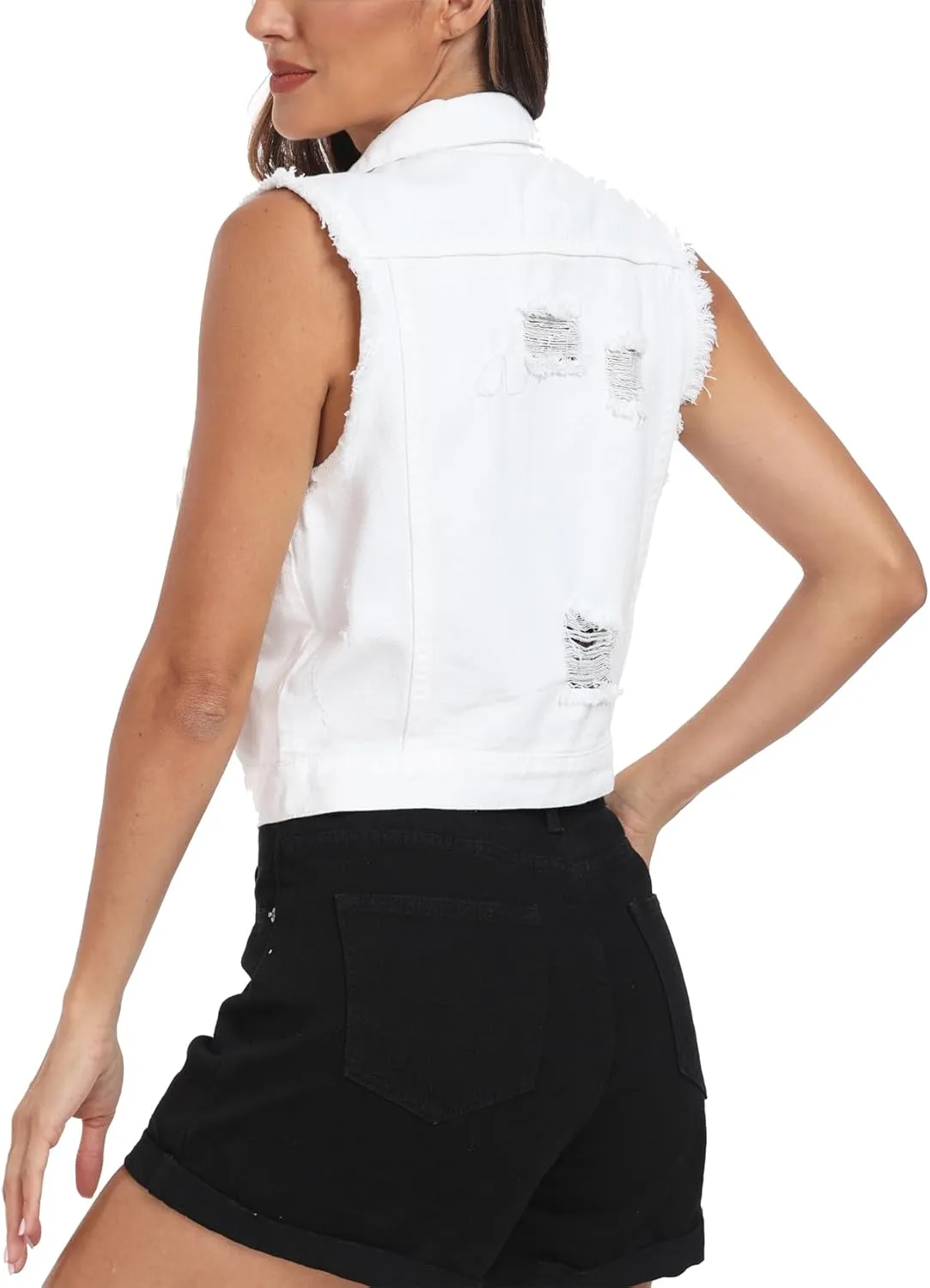 MISS MOLY Women's Cropped Distressed Ripped Denim Vest Classic Sleeveless Jean Vest Jackets With Flap Pockets