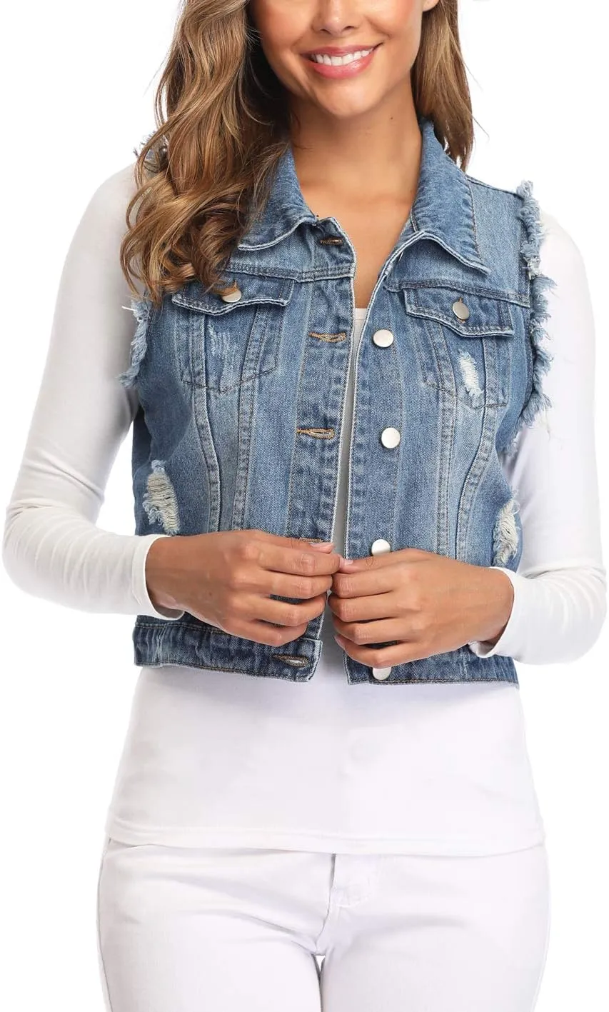 MISS MOLY Women's Cropped Distressed Ripped Denim Vest Classic Sleeveless Jean Vest Jackets With Flap Pockets