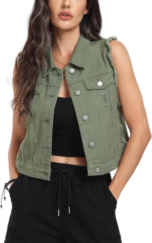 MISS MOLY Women's Cropped Distressed Ripped Denim Vest Classic Sleeveless Jean Vest Jackets With Flap Pockets