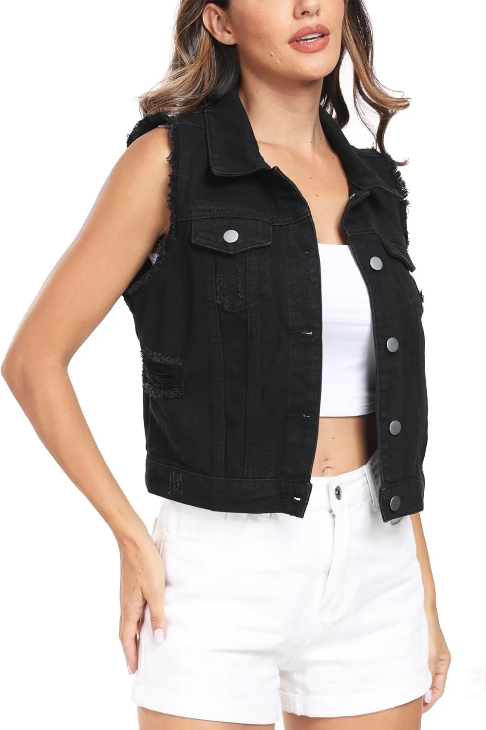 MISS MOLY Women's Cropped Distressed Ripped Denim Vest Classic Sleeveless Jean Vest Jackets With Flap Pockets