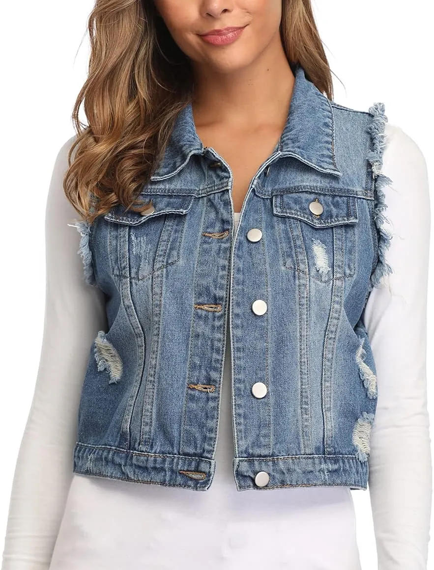 MISS MOLY Women's Cropped Distressed Ripped Denim Vest Classic Sleeveless Jean Vest Jackets With Flap Pockets