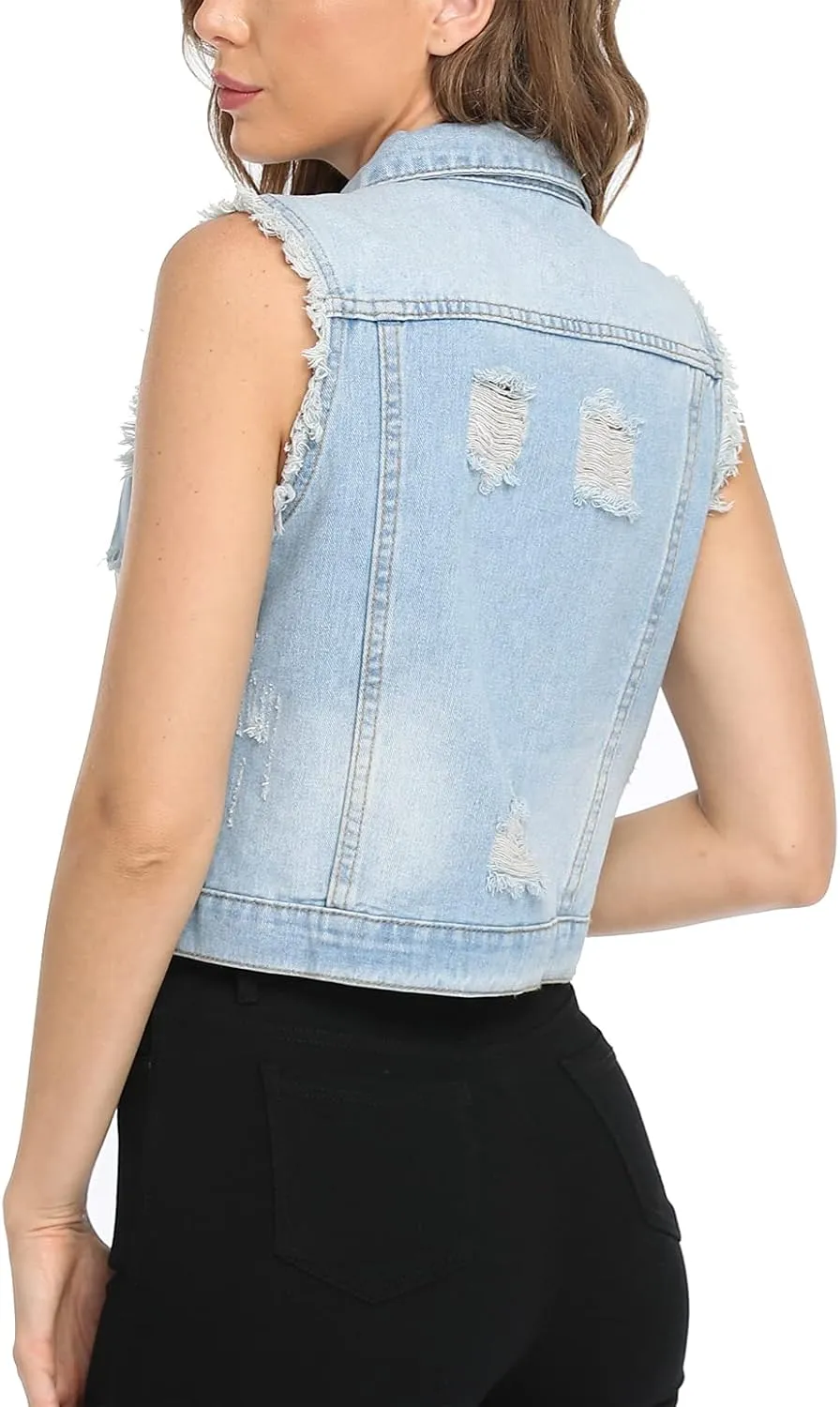 MISS MOLY Women's Cropped Distressed Ripped Denim Vest Classic Sleeveless Jean Vest Jackets With Flap Pockets