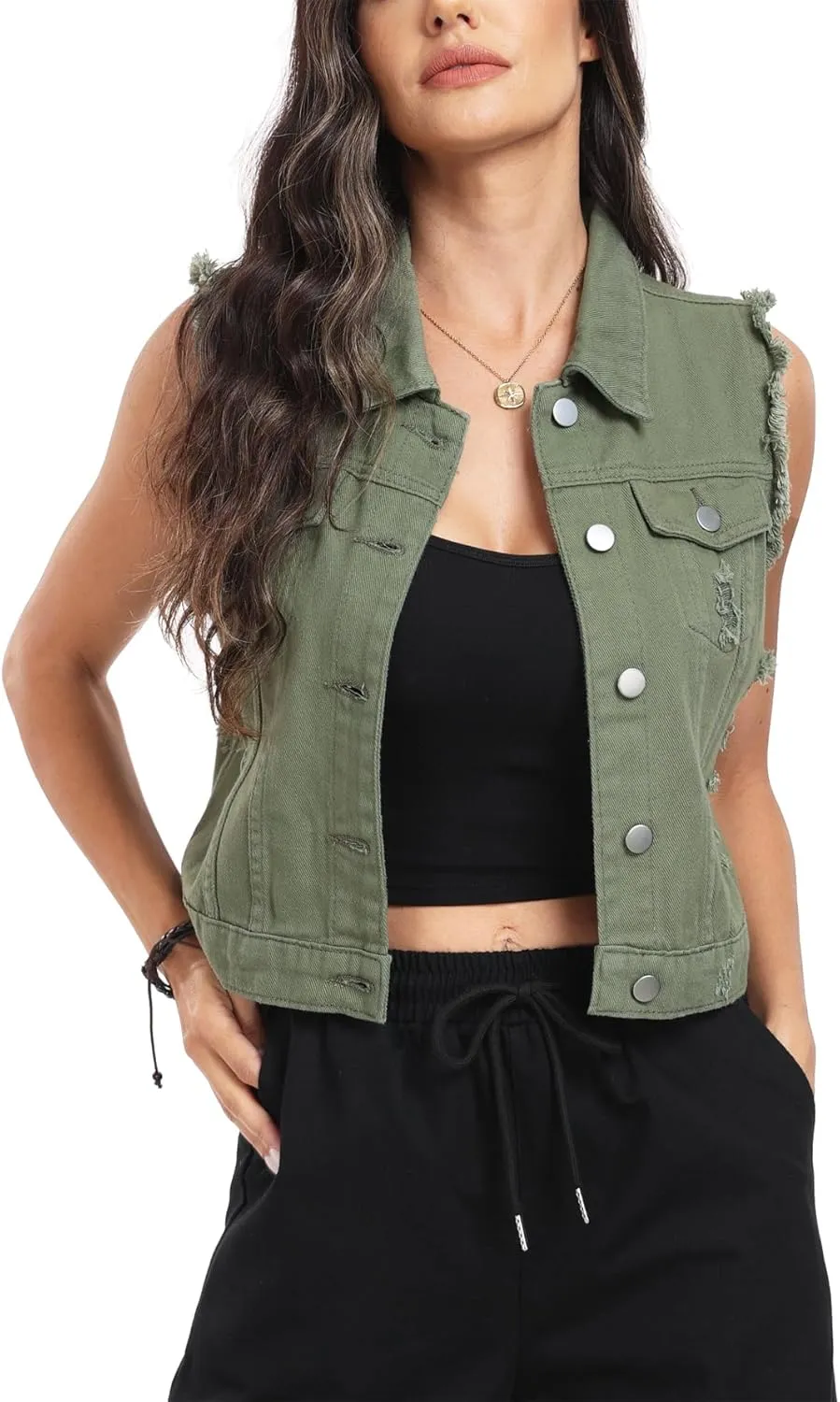 MISS MOLY Women's Cropped Distressed Ripped Denim Vest Classic Sleeveless Jean Vest Jackets With Flap Pockets
