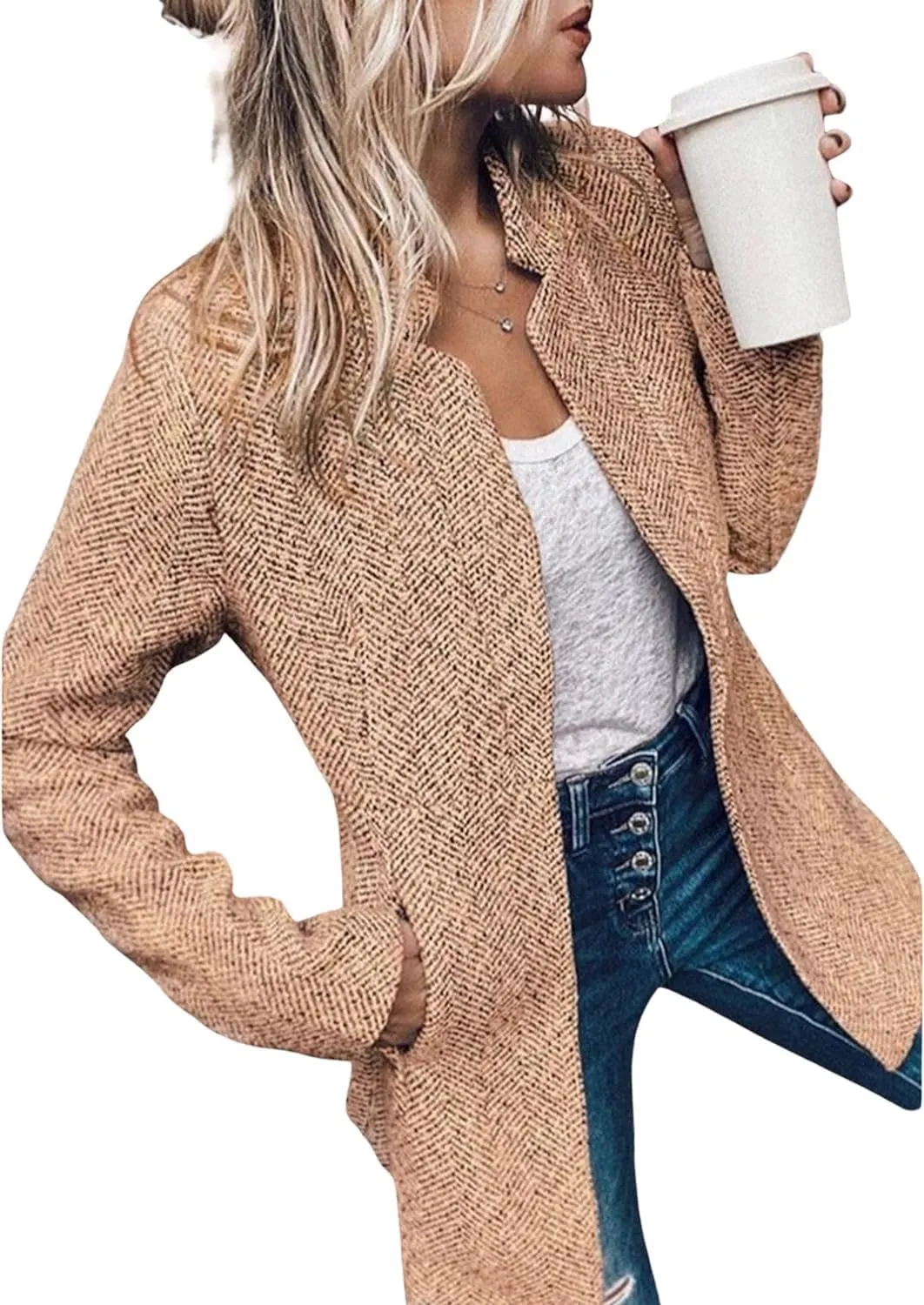 Moonetto Womens Warm Slim Fit Pea Coats Notched Lapel Collar Open Front Flannel Trench Coats