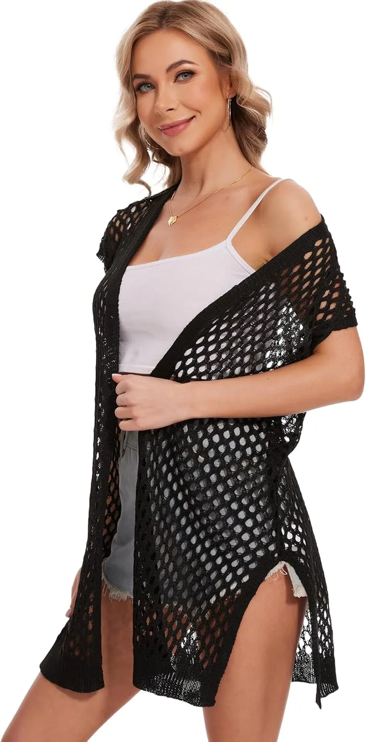 Moss Rose Womens Sleeveless Cardigans Vests Long Open Front Hollow Crochet Cardigan Sweater Duster Vest