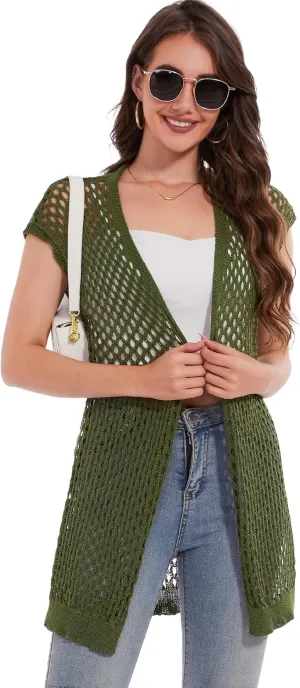 Moss Rose Womens Sleeveless Cardigans Vests Long Open Front Hollow Crochet Cardigan Sweater Duster Vest