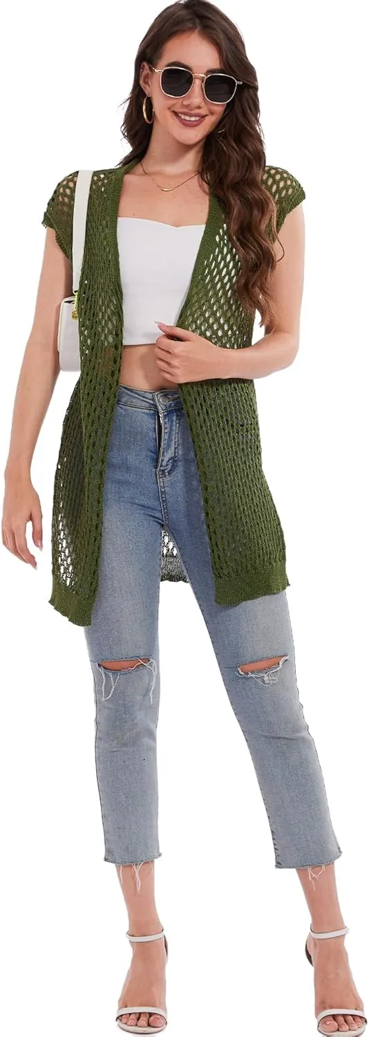 Moss Rose Womens Sleeveless Cardigans Vests Long Open Front Hollow Crochet Cardigan Sweater Duster Vest
