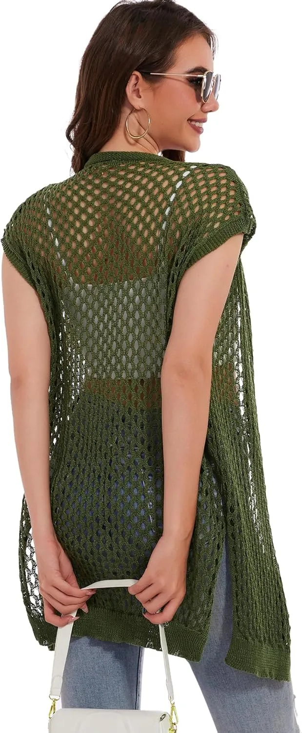 Moss Rose Womens Sleeveless Cardigans Vests Long Open Front Hollow Crochet Cardigan Sweater Duster Vest