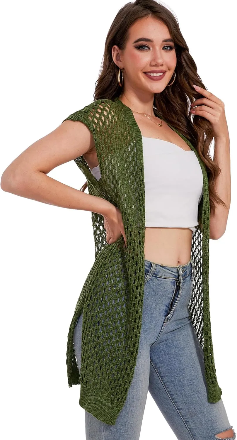 Moss Rose Womens Sleeveless Cardigans Vests Long Open Front Hollow Crochet Cardigan Sweater Duster Vest