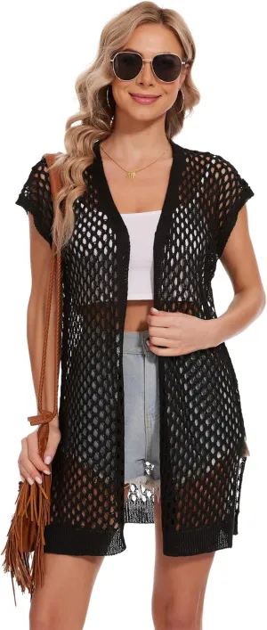 Moss Rose Womens Sleeveless Cardigans Vests Long Open Front Hollow Crochet Cardigan Sweater Duster Vest