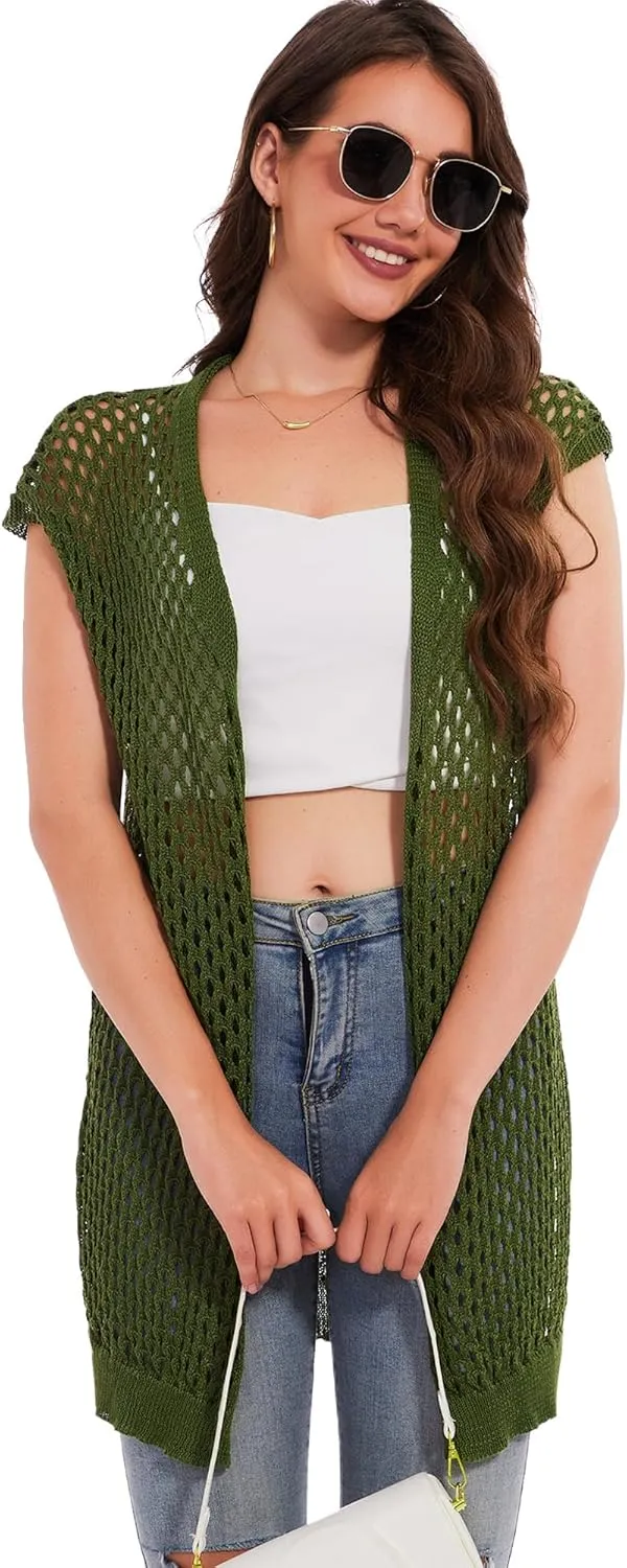 Moss Rose Womens Sleeveless Cardigans Vests Long Open Front Hollow Crochet Cardigan Sweater Duster Vest