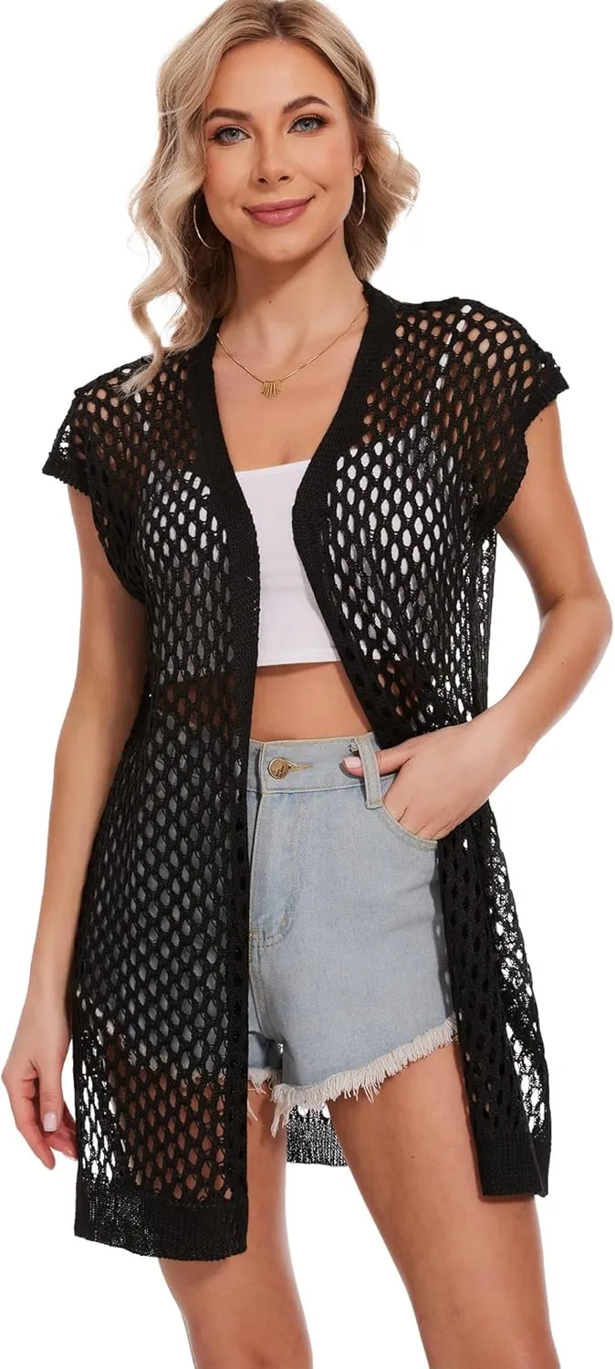 Moss Rose Womens Sleeveless Cardigans Vests Long Open Front Hollow Crochet Cardigan Sweater Duster Vest