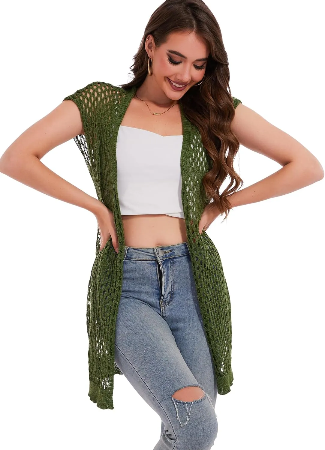 Moss Rose Womens Sleeveless Cardigans Vests Long Open Front Hollow Crochet Cardigan Sweater Duster Vest