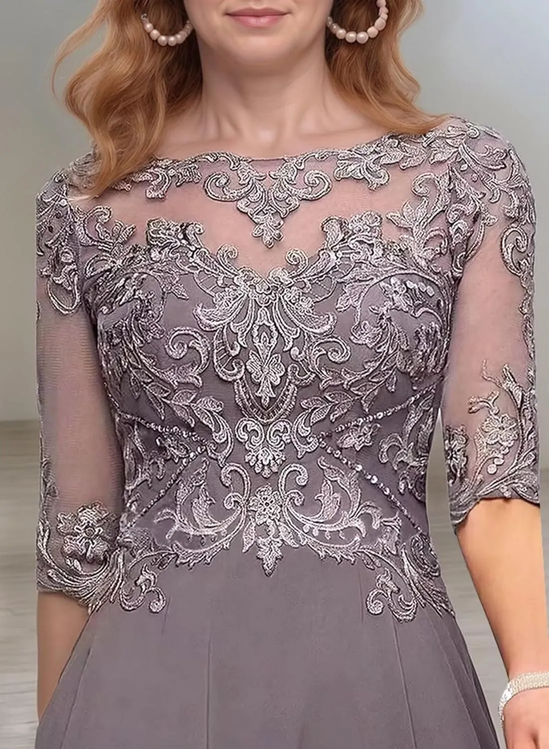 Mother of Bride Dresses for Wedding with Sleeve Pocket Tea Length Lace Tiered Chiffon Formal Evening Gown
