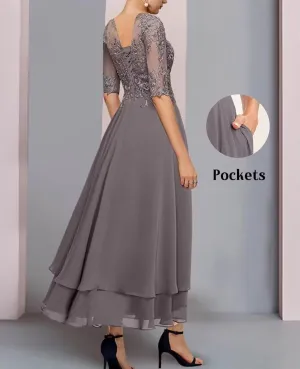 Mother of Bride Dresses for Wedding with Sleeve Pocket Tea Length Lace Tiered Chiffon Formal Evening Gown