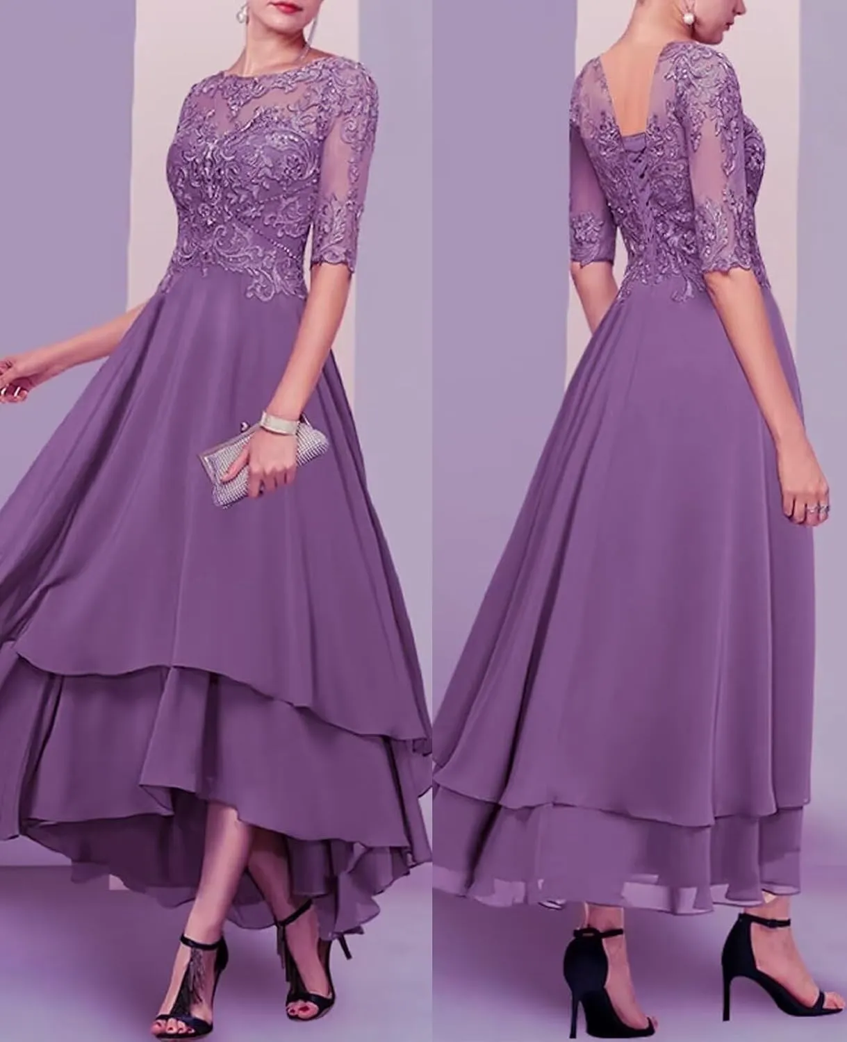 Mother of Bride Dresses for Wedding with Sleeve Pocket Tea Length Lace Tiered Chiffon Formal Evening Gown