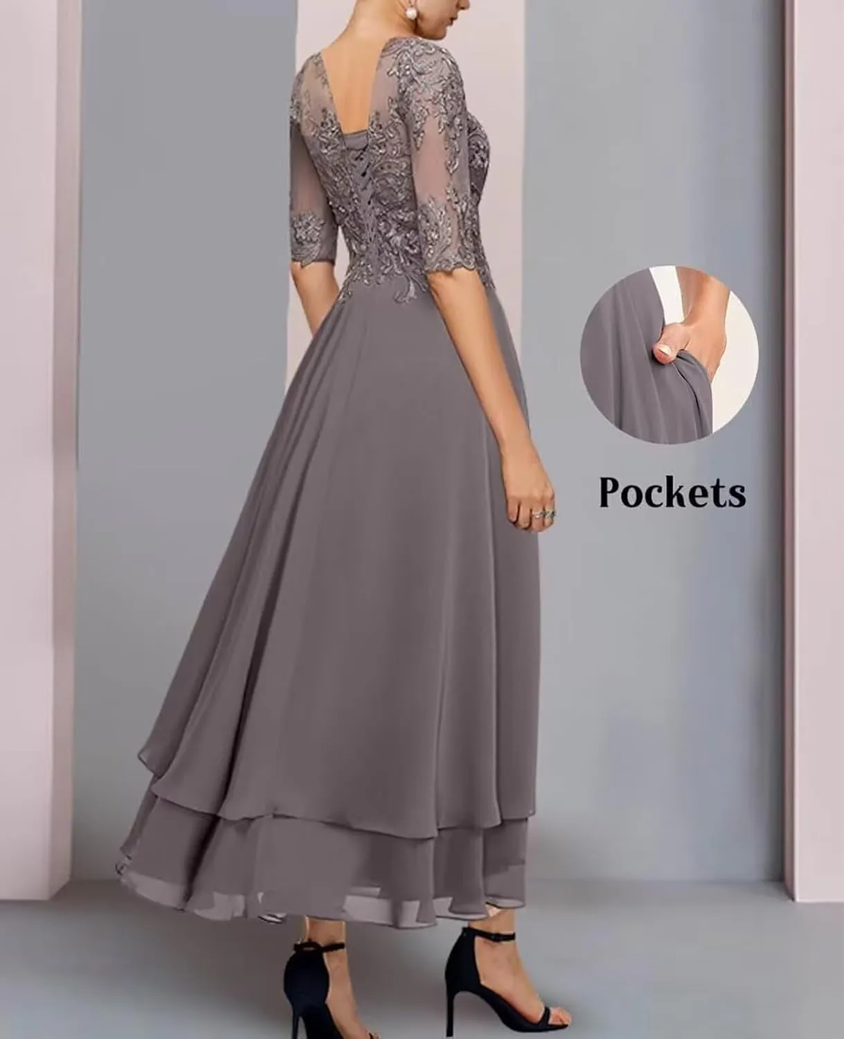 Mother of Bride Dresses for Wedding with Sleeve Pocket Tea Length Lace Tiered Chiffon Formal Evening Gown