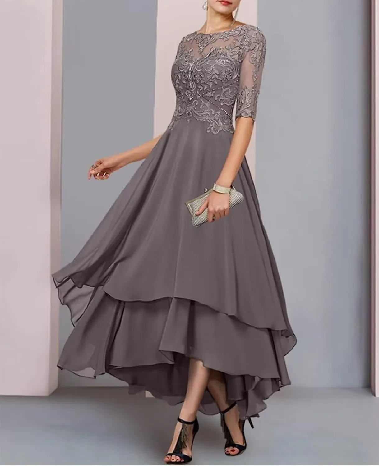 Mother of Bride Dresses for Wedding with Sleeve Pocket Tea Length Lace Tiered Chiffon Formal Evening Gown