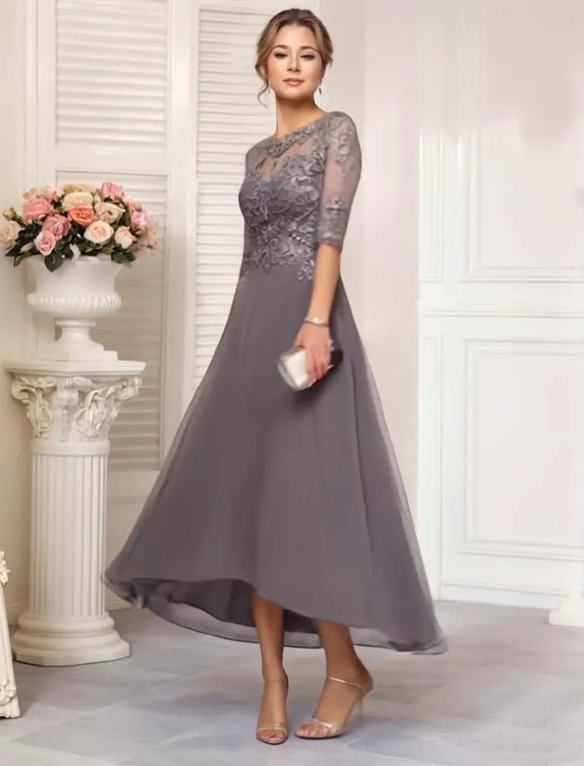 Mother of The Bride Dresses for Wedding 2025 Chiffon Short Sleeves Long Chiffon Lace Appliques Formal Evening Dress