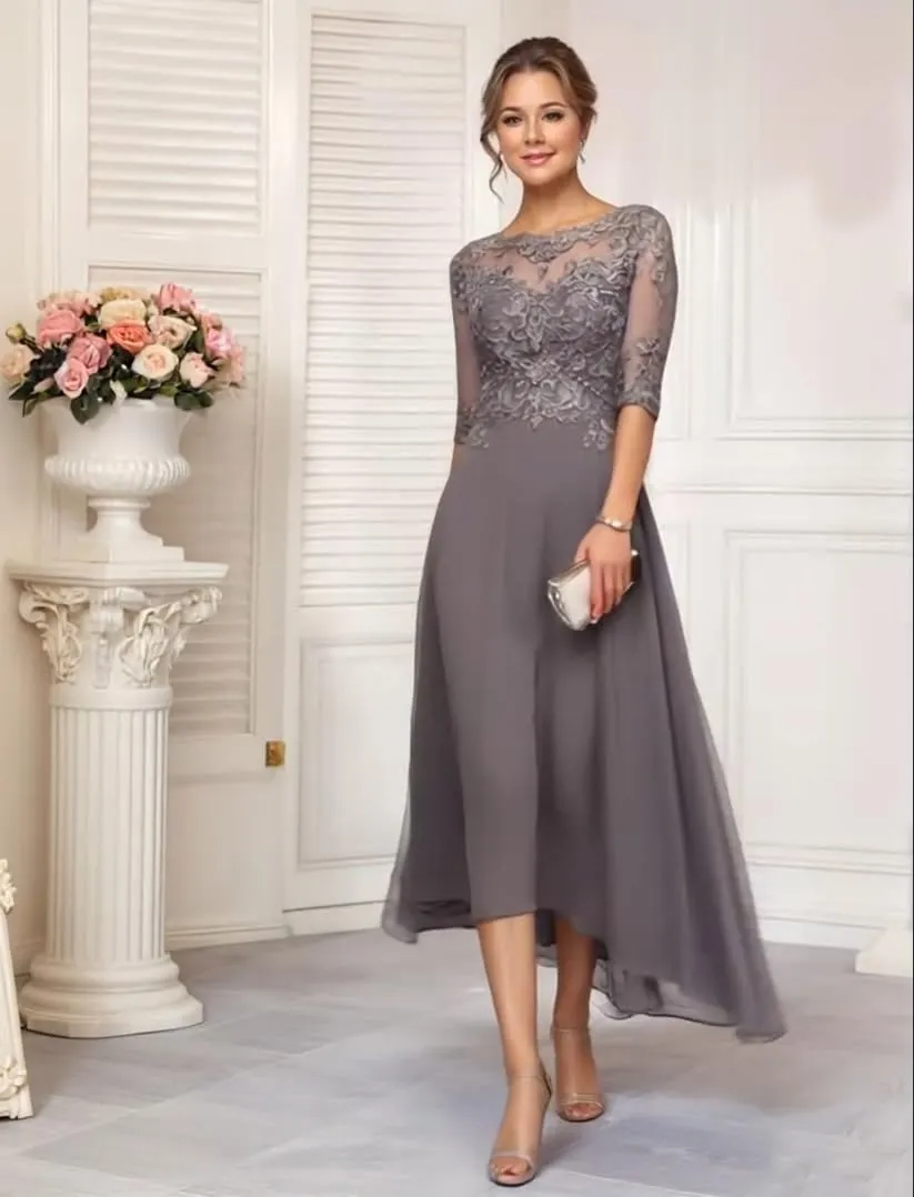 Mother of The Bride Dresses for Wedding 2025 Chiffon Short Sleeves Long Chiffon Lace Appliques Formal Evening Dress
