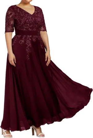 Mother of The Bride Dresses for Wedding Chiffon Evening Dress Lace Formal Gowns V Neck with Sleeves