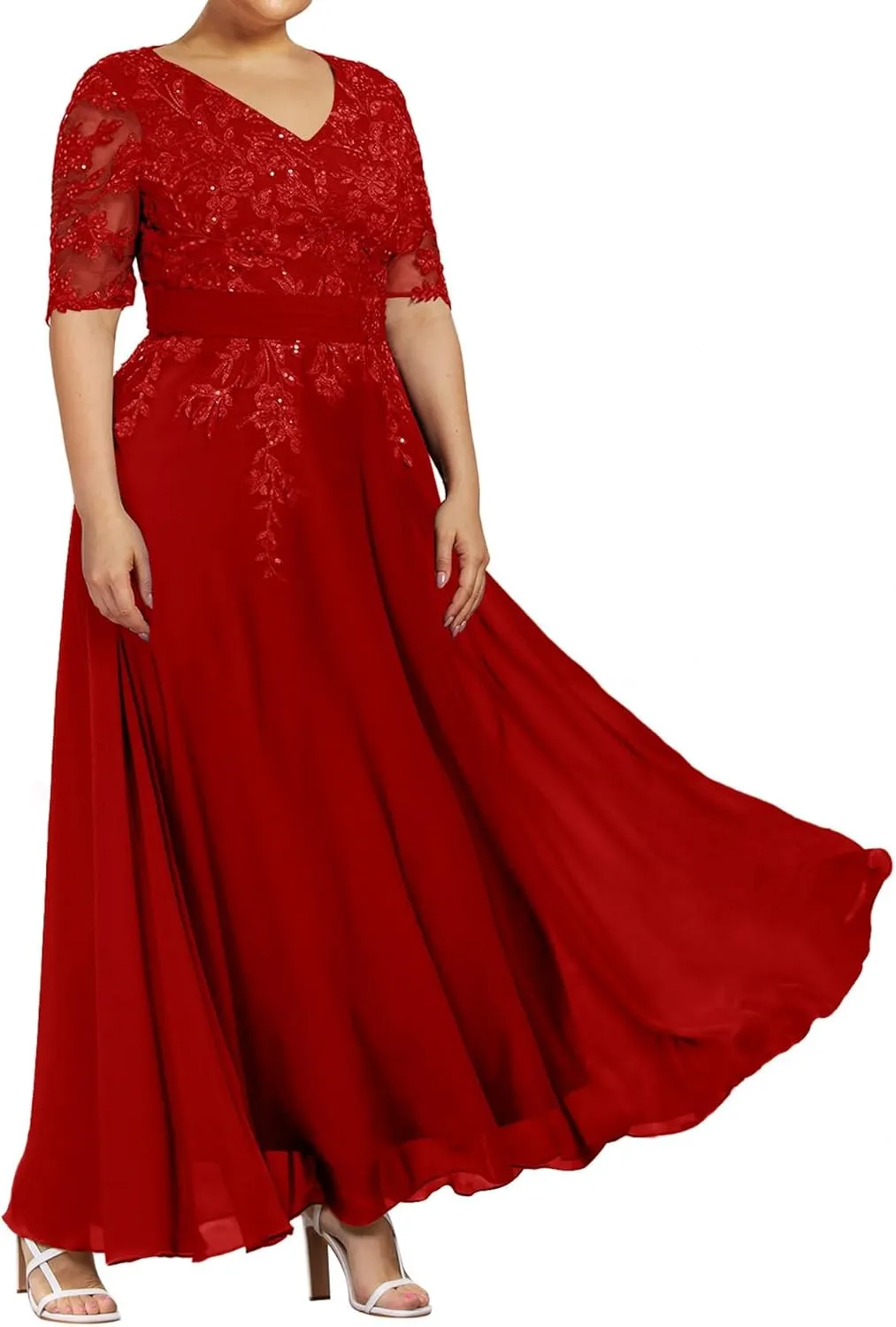Mother of The Bride Dresses for Wedding Chiffon Evening Dress Lace Formal Gowns V Neck with Sleeves