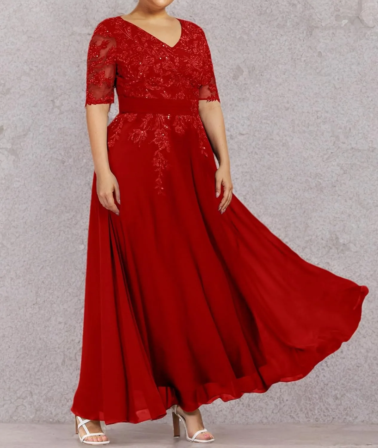 Mother of The Bride Dresses for Wedding Chiffon Evening Dress Lace Formal Gowns V Neck with Sleeves