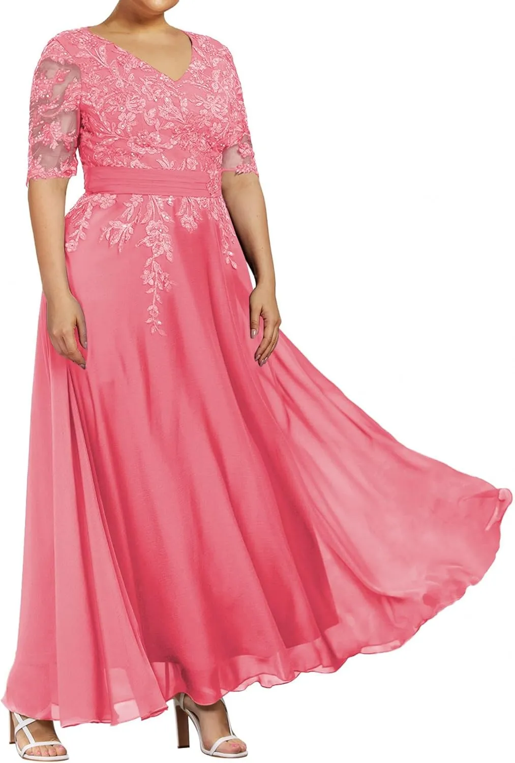 Mother of The Bride Dresses for Wedding Chiffon Evening Dress Lace Formal Gowns V Neck with Sleeves