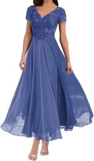 Mother of The Bride Dresses Lace Appliques Formal Evening Party Prom Gown Chiffon Short Sleeve A-Line DR0201R