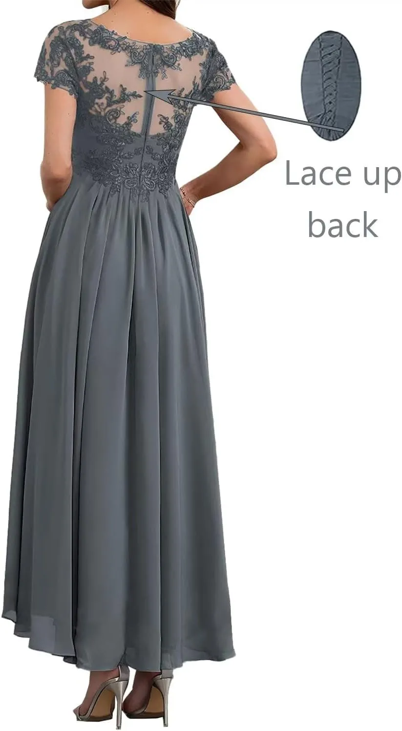 Mother of The Bride Dresses Lace Appliques Formal Evening Party Prom Gown Chiffon Short Sleeve A-Line DR0201R