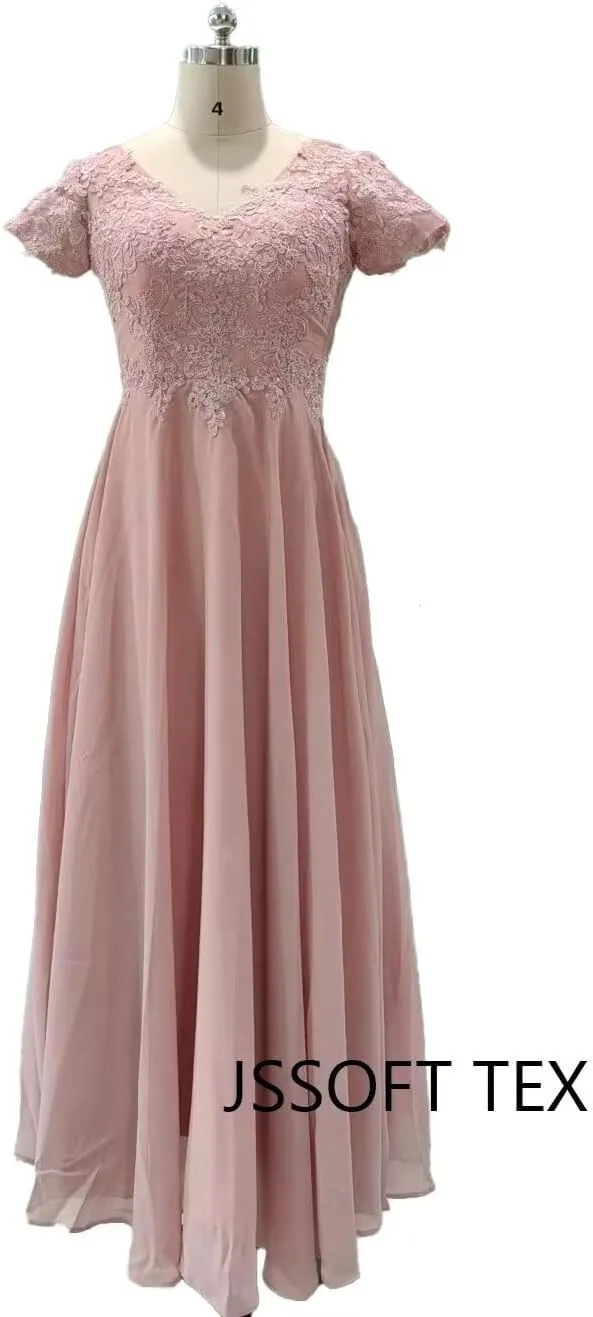 Mother of The Bride Dresses Lace Appliques Formal Evening Party Prom Gown Chiffon Short Sleeve A-Line DR0201R