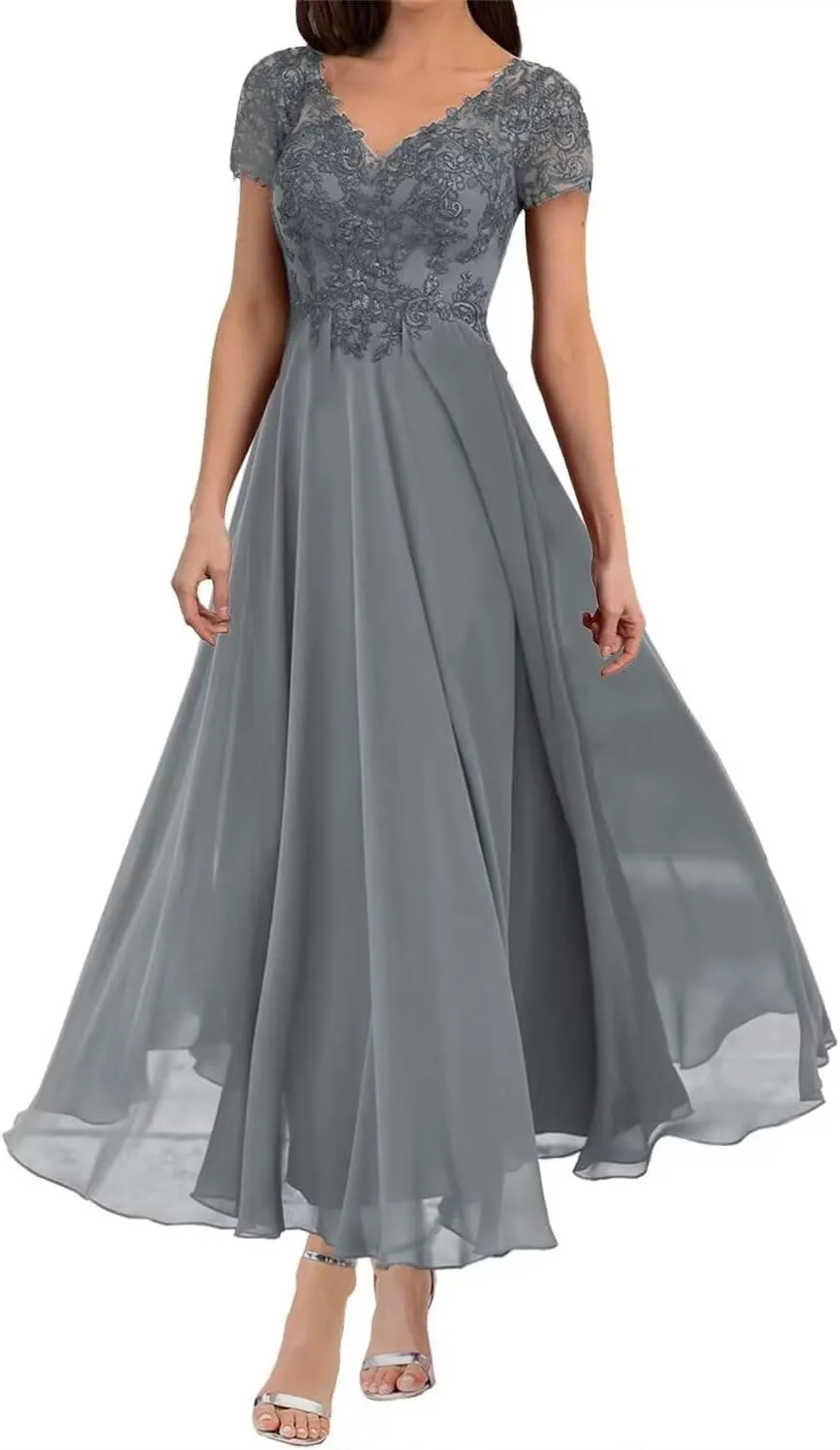 Mother of The Bride Dresses Lace Appliques Formal Evening Party Prom Gown Chiffon Short Sleeve A-Line DR0201R