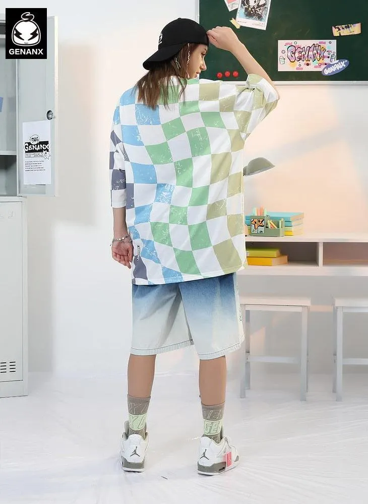 Mottled Color Block Checkerboard Cartoon Print T-Shirt