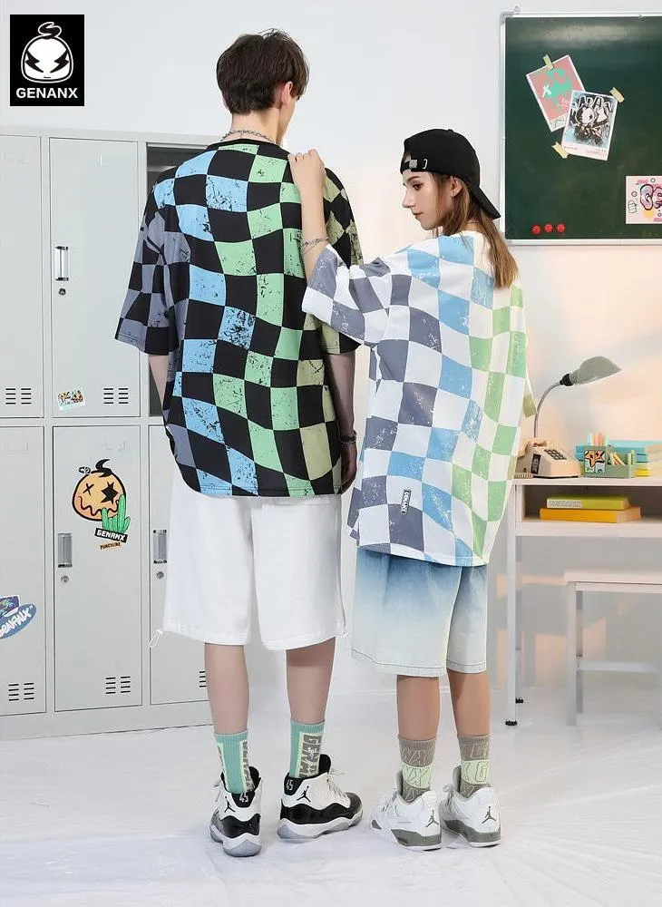 Mottled Color Block Checkerboard Cartoon Print T-Shirt