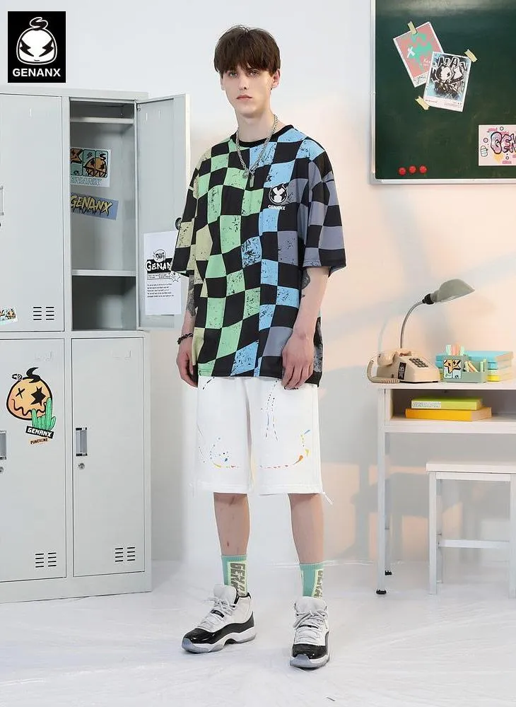 Mottled Color Block Checkerboard Cartoon Print T-Shirt