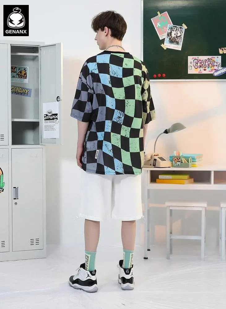 Mottled Color Block Checkerboard Cartoon Print T-Shirt