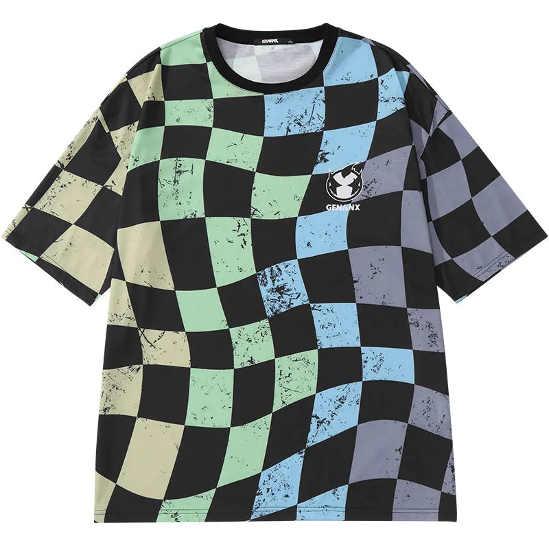 Mottled Color Block Checkerboard Cartoon Print T-Shirt