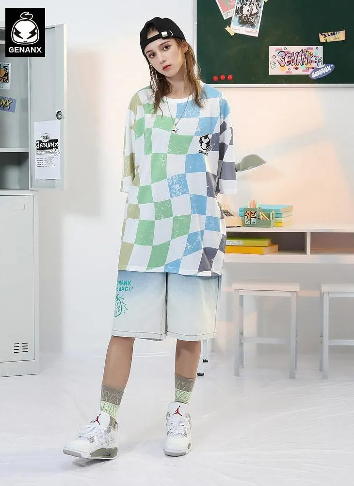 Mottled Color Block Checkerboard Cartoon Print T-Shirt