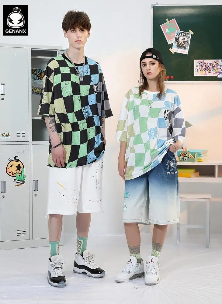 Mottled Color Block Checkerboard Cartoon Print T-Shirt