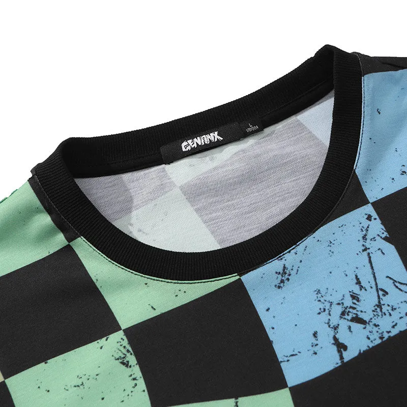 Mottled Color Block Checkerboard Cartoon Print T-Shirt