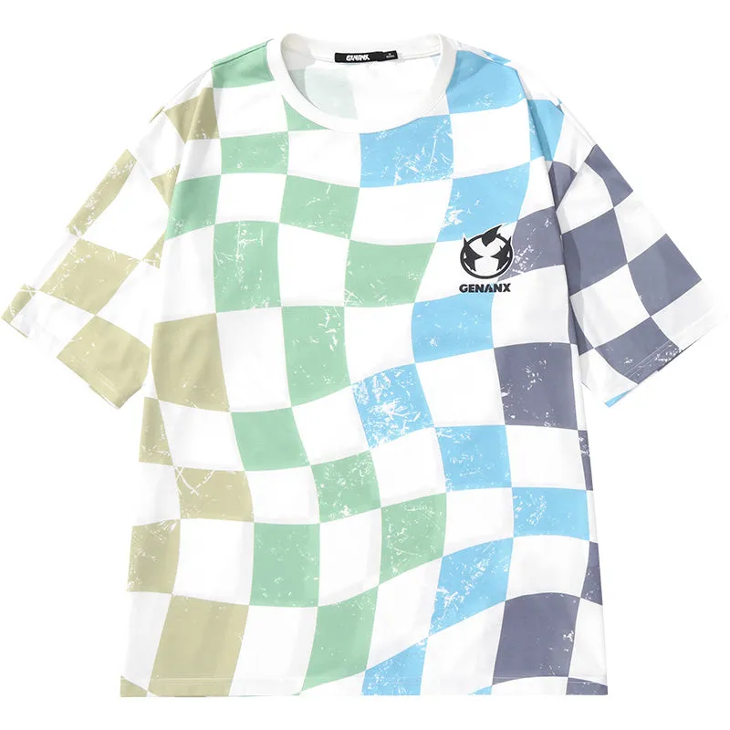 Mottled Color Block Checkerboard Cartoon Print T-Shirt