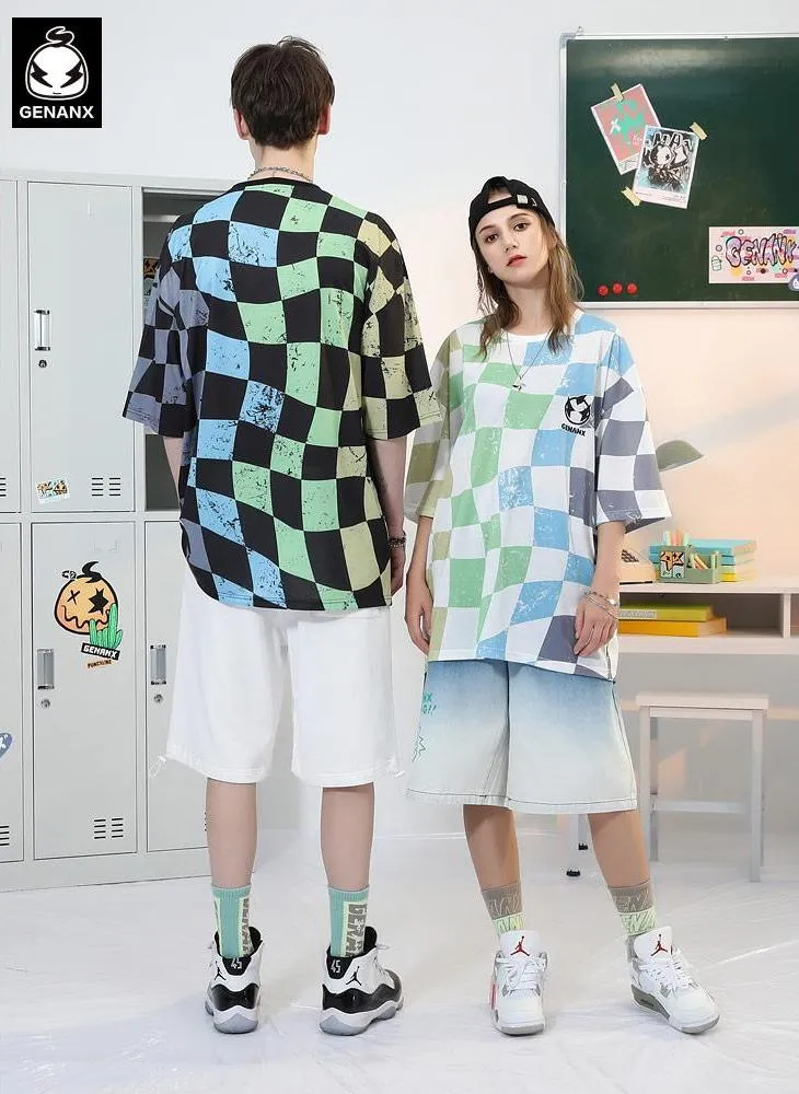 Mottled Color Block Checkerboard Cartoon Print T-Shirt
