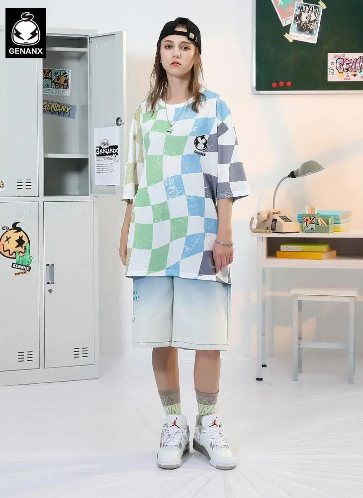 Mottled Color Block Checkerboard Cartoon Print T-Shirt