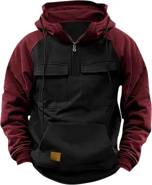Muscularfit Mens Big and Tall Hoodies Casual Long Sleeve Multi Pockets Cargo Quarter Zip Pullover Sweatshirt Drawstring Shirt