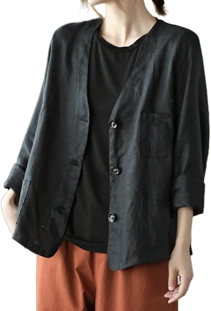 Mywinway Linen Blazer Women Summer Spring Cotton Lightweight Casual Jackets Button Down Oversized Blazer