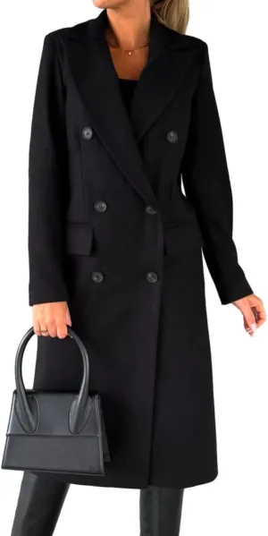 Mywinway Long Wool Coats for Women Fall Winter Trendy Jackets Double Breasted Peacoat Trench Coat