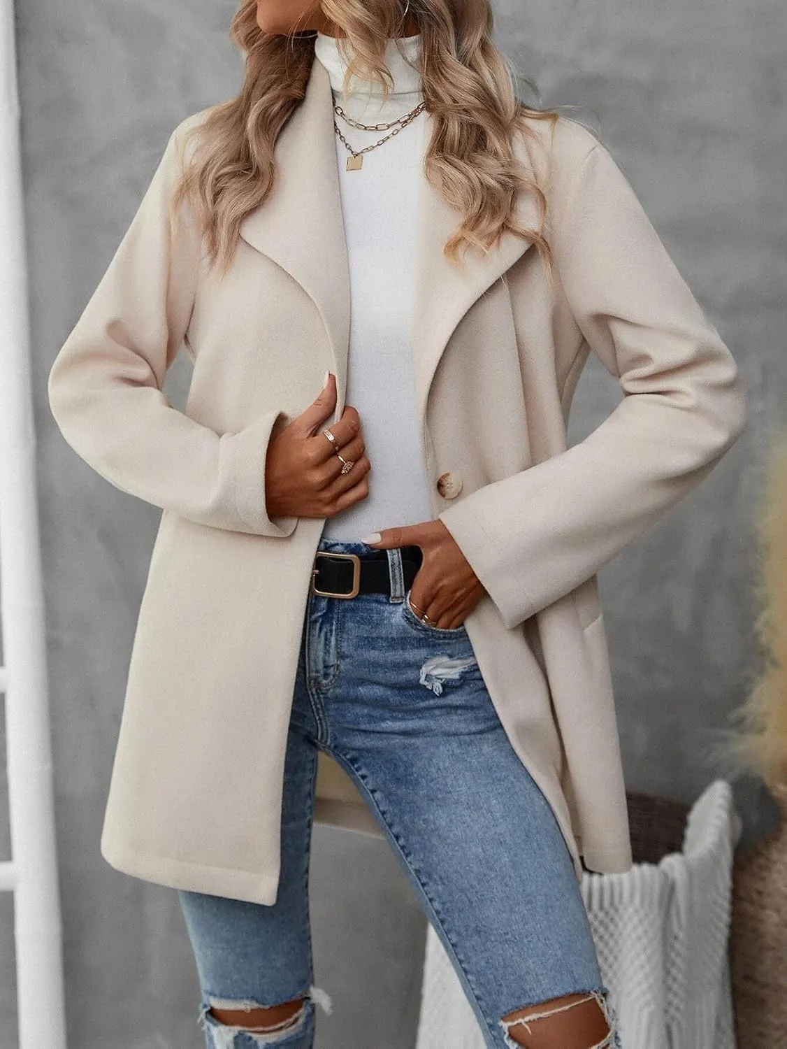 Mywinway Wool Coats for Women 2024 Fall Winter Peacoat Blazer Jackets Trendy Midi Long Trench Coat Outwear