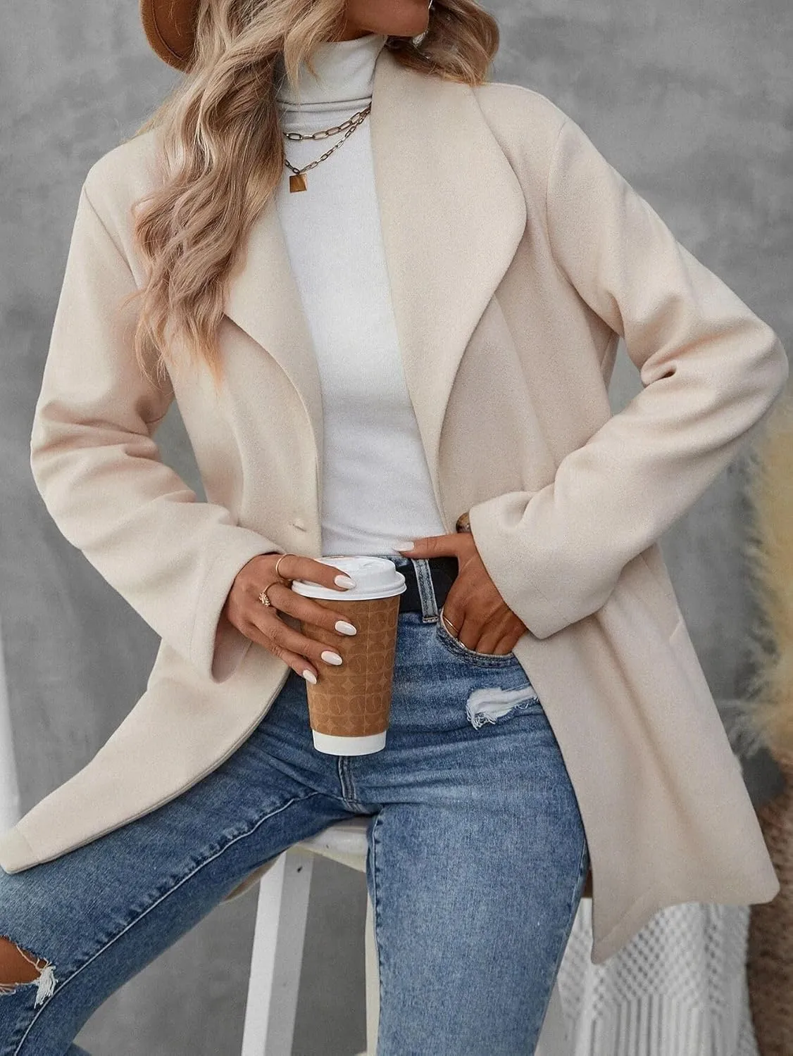 Mywinway Wool Coats for Women 2024 Fall Winter Peacoat Blazer Jackets Trendy Midi Long Trench Coat Outwear