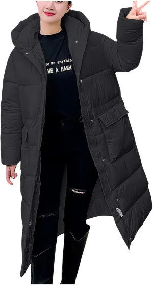 NATHGAM Long Down Winter Coats for Women Winter Thick Padded Down Coats with Hood Cotton-Padded Jacket Trendy Teen Outwear
