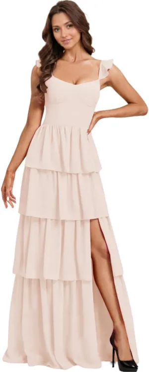 NLQ Tiered Bridesmaid Dresses Slit Ruffles Chiffon Formal Evening Dress for Women